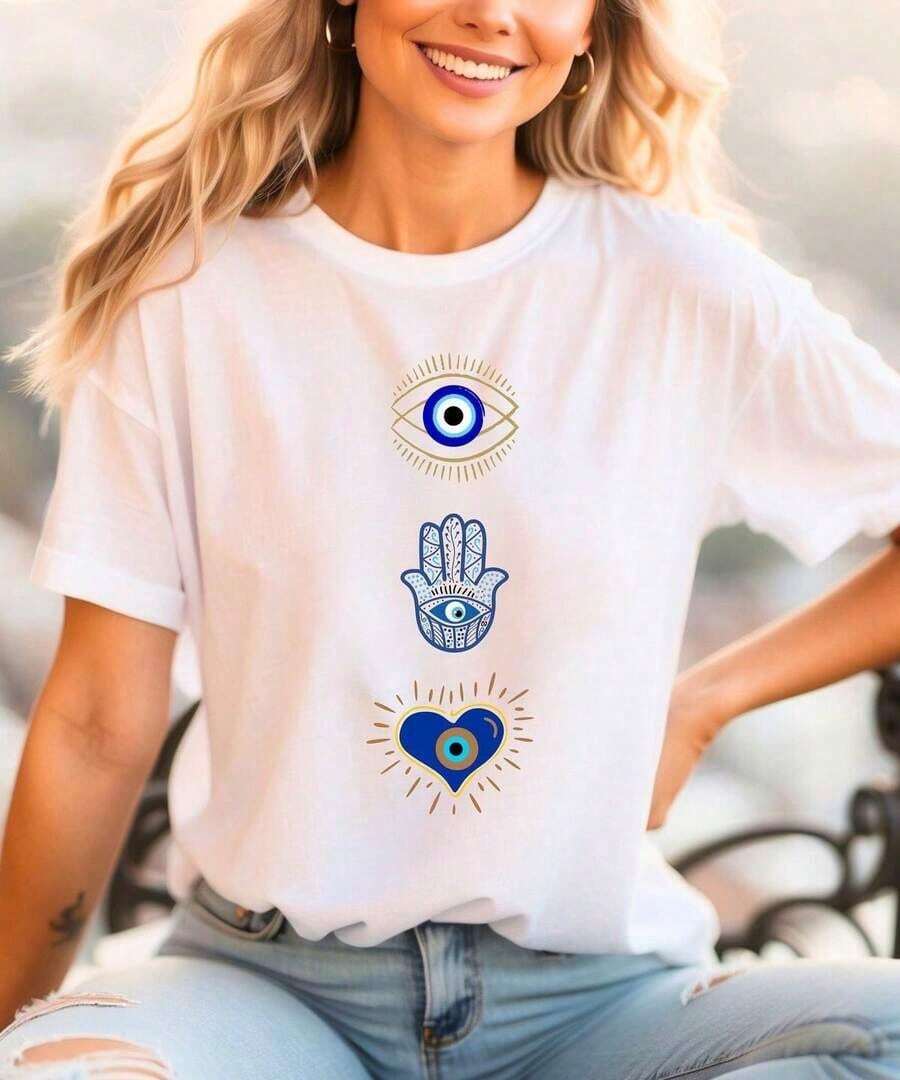 Camiseta de algodón con estampado ojos turcos casual de moda para mujer - Blanco - Ver 1