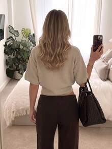 Women's Short Sleeve Knit Cardigan, Round Neck, Button Front, Regular Hem, Casual Top, Medium Stretch Fabric, Suitable For Summer And Spring Wear - Khaki - View 4