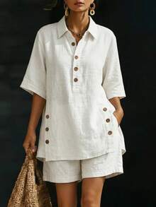 2026 Spring/Summer New Women's Short-Sleeve Shirt And Loose Pants Two-Piece Set - Green - View 9