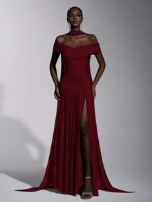 Elitara Elegante vestido gris minimalista con hombros descubiertos, drapeado, asimétrico, corte A y abertura alta, adecuado para bodas, eventos formales, galas y fiestas de cóctel - Burdeos - Ver 9