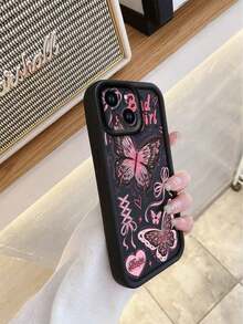 1 Piece Shockproof, Waterproof And Scratch Resistant Phone Case With Lens Protection, Pink Graffiti Butterfly And Black  Design, Compatible With Apple///, International Version, Not The Domestic Version - 黑色 - 查看 5