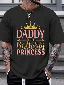 Camiseta blanca de manga corta con cuello redondo y estampado de letras casual para hombre, Papá del cumpleaños de la niña - 1er cumpleaños princesa niña - Negro - Ver 1