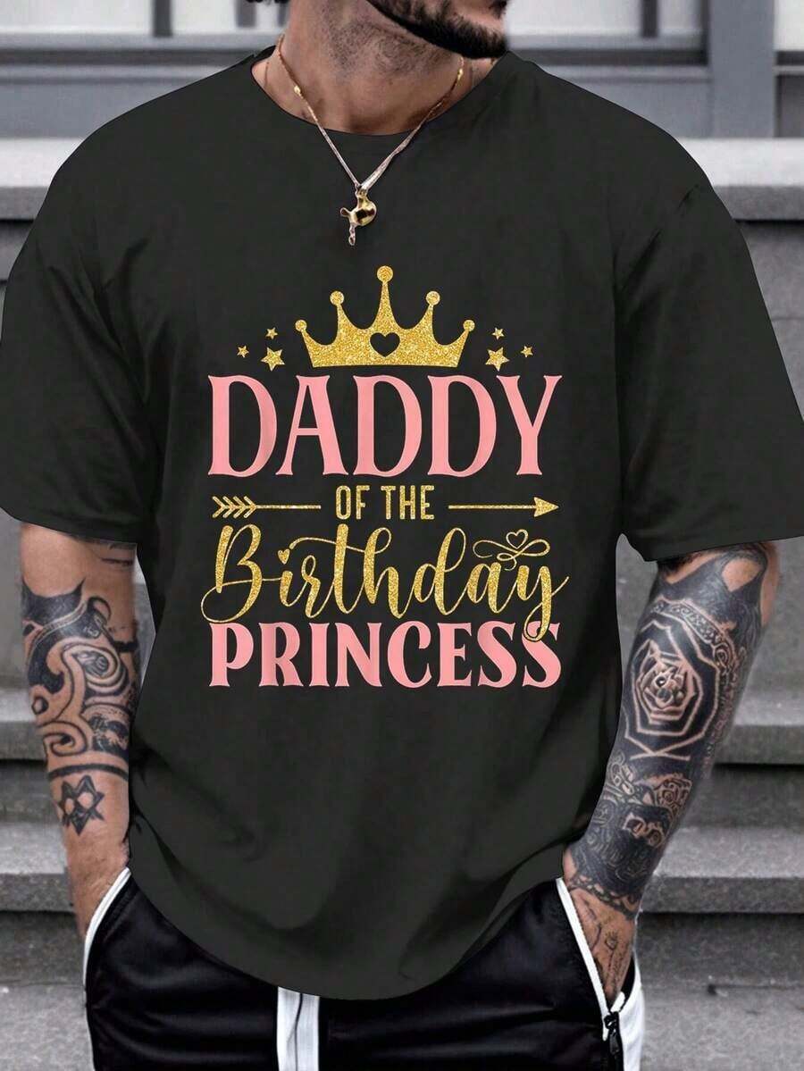 Camiseta blanca de manga corta con cuello redondo y estampado de letras casual para hombre, Papá del cumpleaños de la niña - 1er cumpleaños princesa niña - Negro - Ver 1