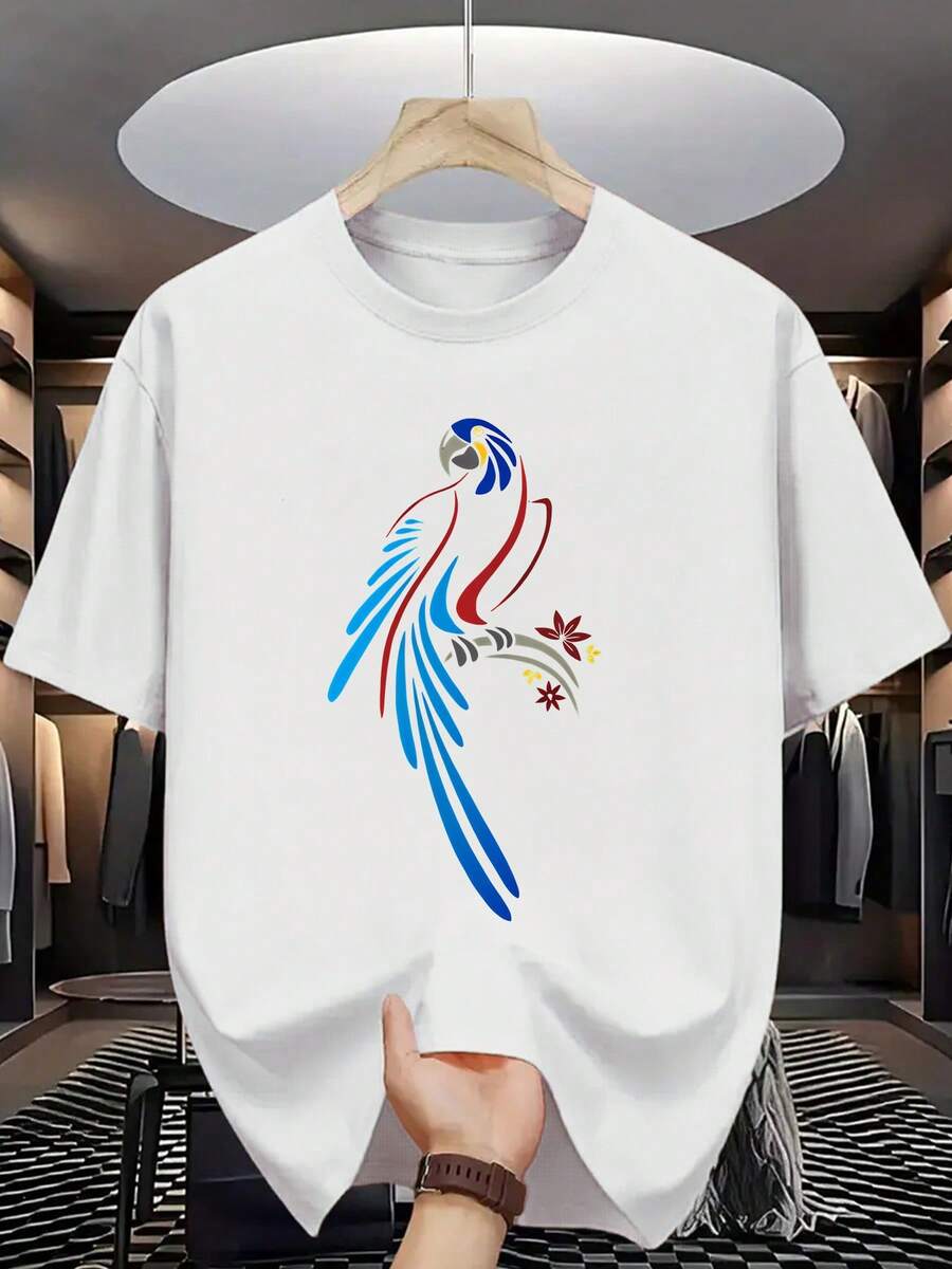 Camiseta de manga corta con estampado de loro, camiseta casual de cuello redondo hecha de tela de punto de poliéster elástica y ligera, top con estampado de ajuste regular para adultos. - Negro - Ver 1
