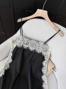 Women's Casual And Elegant Loose Silk T-Shirt With Beige Lace, Ideal For Travel And Holidays, Perfect For Music Festivals And Spring/Summer Wedding Season - 黑色 - 查看 4