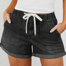 Nana's Women's Clothing Store Pantalones cortos vaqueros de verano ligeros para mujer, estilo casual suelto con cordón y cintura elástica, bajo con dobladillo, cómodos para vacaciones con estilo vaquero - Humo negro - Ver 1