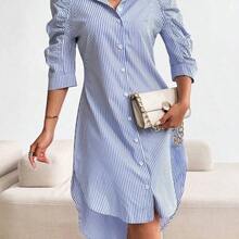 Vestido de camisa casual con pliegues y mangas 3/4 a rayas para mujer, atuendo maxi para primavera/verano - Rosa - Ver 7