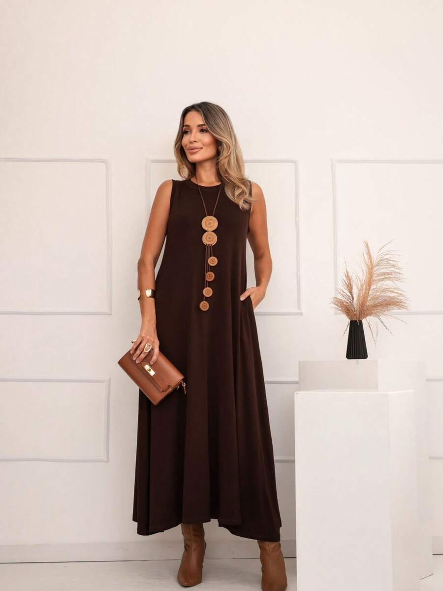 Long Dress In Viscose/Lycra Blend With Side Pockets. - Rust Brown - View 1