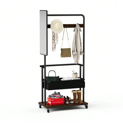 Sturdy Metal Clothes Rack With Wheels, 3-In-1 Model With Basket And Mirror, Hangers, Mobile Rack On Wheels, Spacious Wardrobe, Black, 70 X 40 X 170 Cm - 自然色 - 查看 1