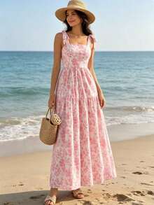 Summer Floral Print Elegant Women's Maxi Dress, Square Neckline With Bow Straps, Sleeveless Layered Flowy Casual Beach Dress - Hồng - Xem 3