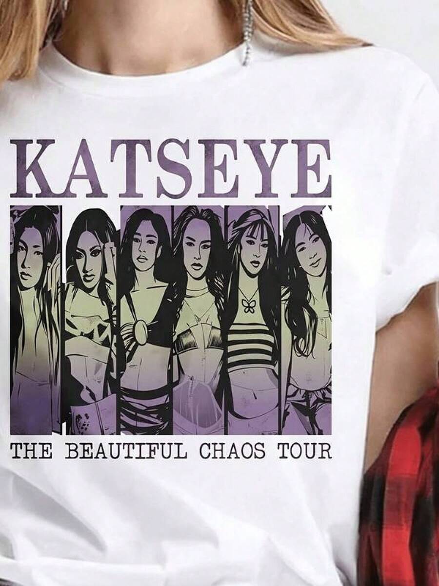 Men's T-Shirts, Men's T-Shirts, Men's T-Shirts, Katseye Beautiful Chaos Tour T-Shirt Sweatshirt For Fans Retro Pop Vibes Graphic Shirt, Men's T-Shirt, Men's T-Shirt, Manfinity Men's Clothing - 白色 - 查看 1