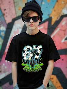 GraphicGems Boys' Basic Short Sleeve T-Shirt, Casual, Elegant, Creative, Personalized, Refreshing, Chic, Minimalist, Cool Style, With Digit 67 Football Graphic Print, Comfortable Clothing For Daily Wear, Cozy Summer And Autumn Styles, Suitable For 7 Year Olds, Graphic Clothing For Boys, Hip Hop Clothing For Boys. - 藍色 - 查看 1