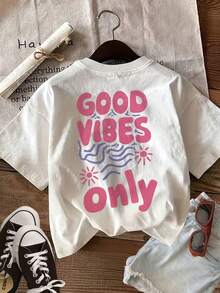 Women's Casual Summer Top With Double-Sided Print, Hand-Painted Style Design, Patterns Including Sun, Waves And Solely A Good Atmosphere, Round Neck Design, Short Sleeves. - White - View 2