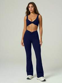 UONNOU Peach Butt Lifting Flare Leggings Set, Twist Front V-Neck Sports Bra - Royal Blue - View 10