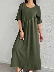 Vestido casual de fiesta con cuello redondo y plisado de unicolor, adecuado para el verano - Verde militar - Ver 1