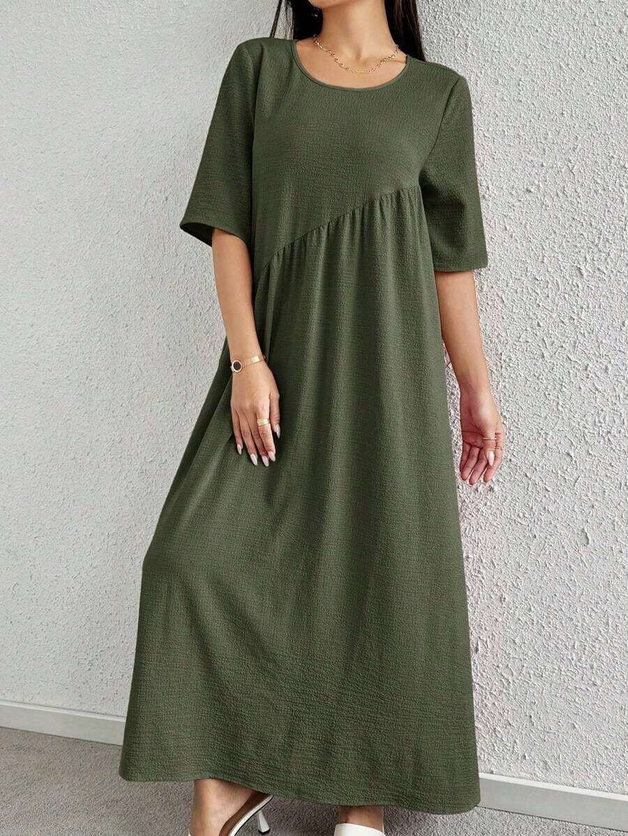 Vestido casual de fiesta con cuello redondo y plisado de unicolor, adecuado para el verano - Verde militar - Ver 1