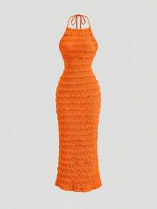 Vestido maxi de encaje plisado amarillo claro para mujer, estilo romántico y sexy de resort, primavera/verano - Naranja - Ver 1