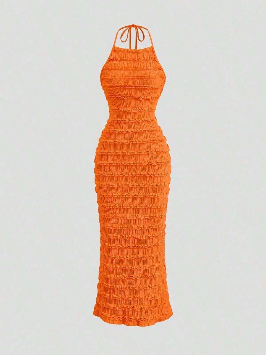 Vestido maxi de encaje plisado amarillo claro para mujer, estilo romántico y sexy de resort, primavera/verano - Naranja - Ver 1