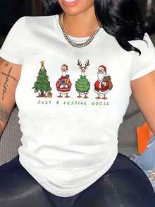 Women's Modern Minimalist T-Shirt With Christmas Goose Print, Simply A Festive Goose, Casual Holiday Top, Everyday Casual Wear - 白色 - 查看 7