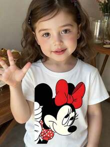 Disney White Background Minnie Mouse Red Polka Dot Half-Body Print Kids' Loose Short Sleeve T-Shirt - Sweet And Cute Casual Top - trắng - Xem 8