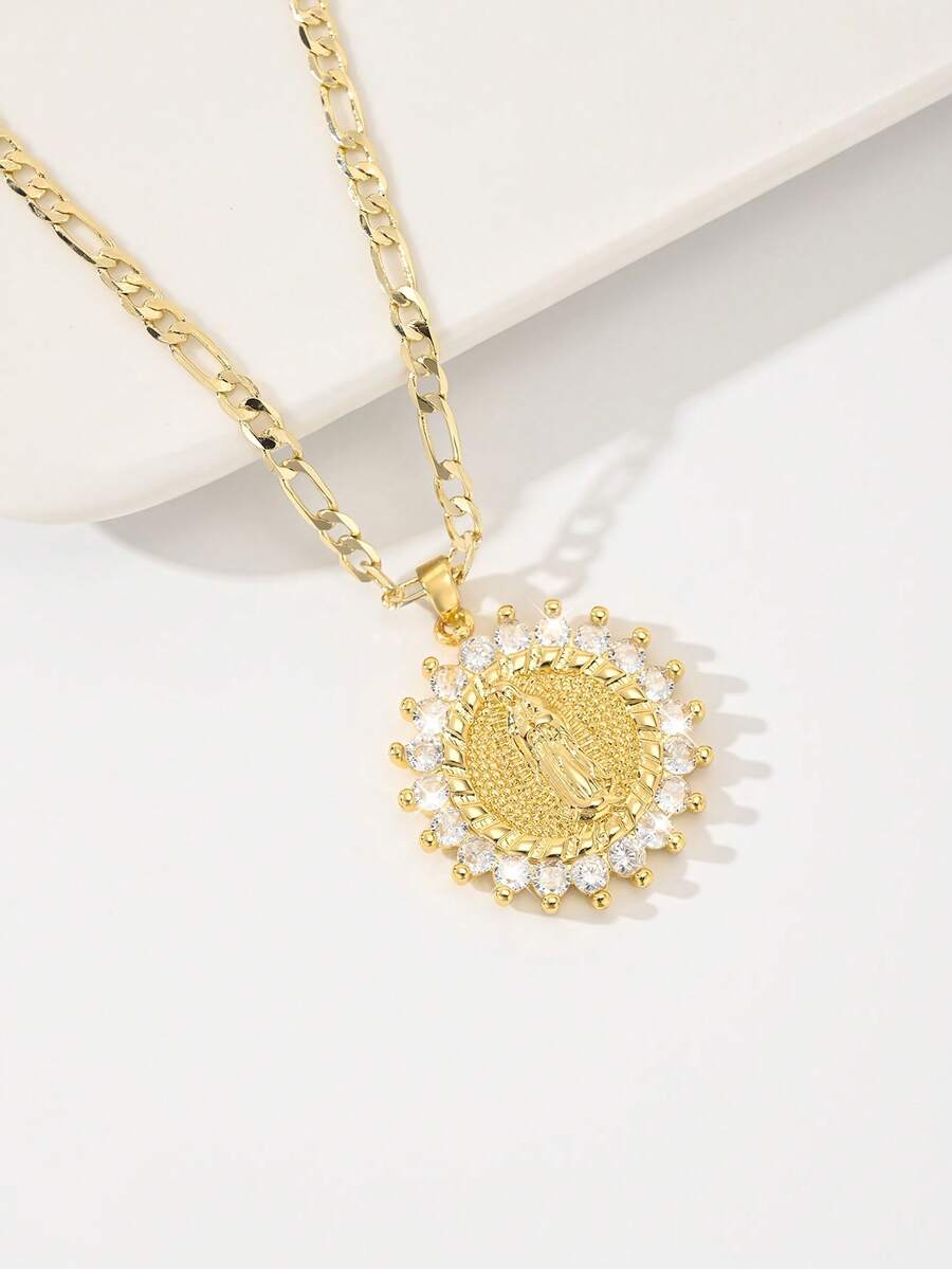 1pc Classic European & American Style Copper Inlaid Zirconia Vintage Gold Virgin Mary Guadalupe Pendant Necklace, Limited Edition, Suitable For Christmas/Thanksgiving/Halloween/Mother's Day/Valentine's Day Gifts, Catholic First Communion, Daily & Holiday Wear, Prayer - Yellow Gold - View 1