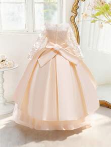 Tween Girls Round Neck Embroidered Floral Rhinestone Mesh Satin Elegant Flower Girl Dress Suitable For Birthday Party Evening Gala Ball Wedding Princess Dress - Champagne - View 5