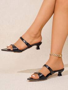 planare Sandálias Femininas Elegantes Minimalistas de Verão com Cor Sólida, Textura PU, Bico Fino e Salto Kitten Multicoloridas, Salto Alto Preto, Sapatos Femininos Elegantes, Sandálias Femininas, Salto Alto Feminino Elegante, Sapatos Femininos Confortáveis, Sapatos Femininos com Salto Kitten, Sandálias Pretas - Preto - Visão 2