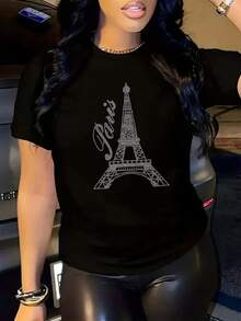 Camiseta Casual para Mujer con Estampado de la Torre Eiffel de París - Negro - Ver 5