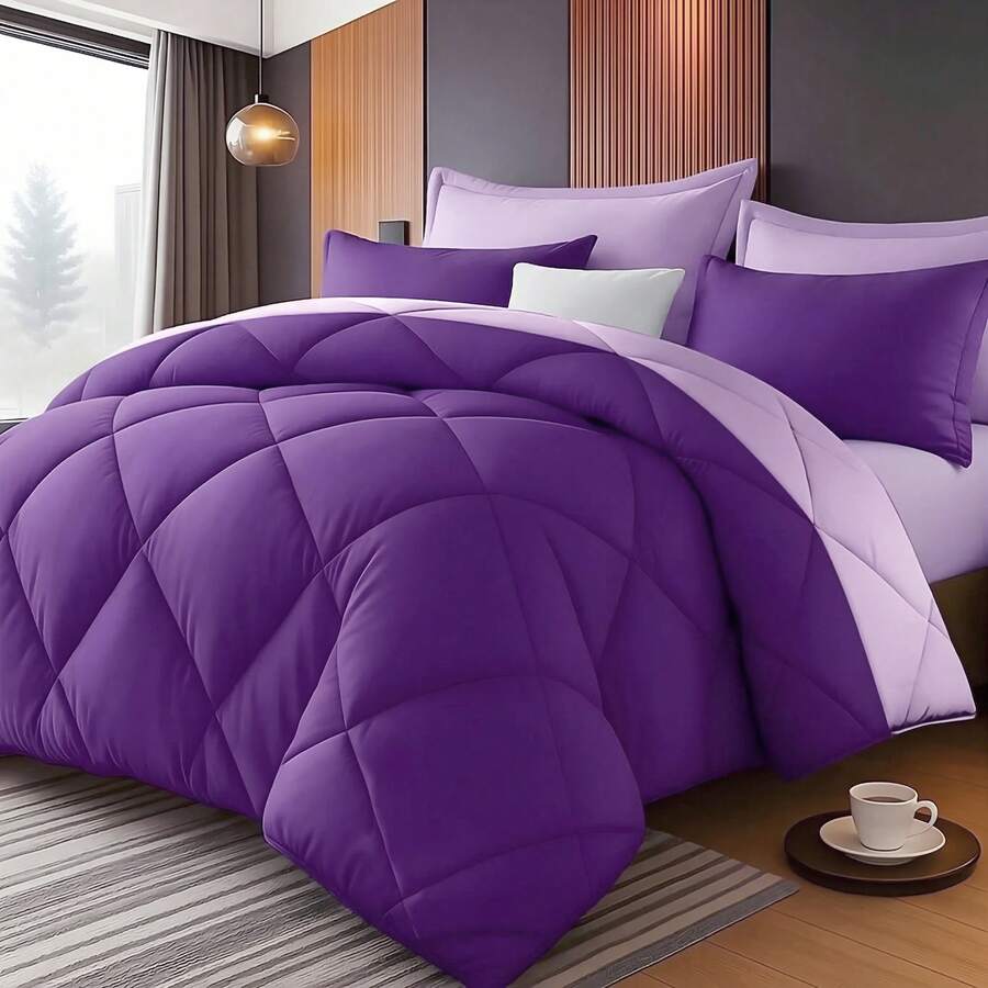 KTABEDDING 2/3PCS Minimalist Luxurious Diamond Grid Large Size Comforter Soft Microfiber Breathable Easy Care For All Seasons Bedding Set With Down Altemative Comforter And Pillowcases Large Size Bedroom Decor And Accessories Many Colors Available - Purple - View 1