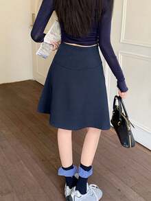 Rok Lipit Model A-Line dengan Kancing Tunggal, Pinggang Tinggi, Gaya Elegan untuk Musim Semi & Gugur - Biru laut - View 4