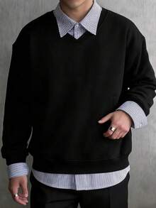 Kemeja Polo Lengan Panjang Kerah Kancing Motif Garis-Garis Kasual Pria, - Hitam - View 3