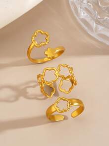 3pcs/Set Stainless Steel Minimalist Clover Open Ring Set, Suitable For Women's Daily And Party Wear - Multicolor - View 3