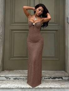 Summer Polka Dot Dress, Women's Sexy Elegant V-Neck Waist-Cinching Beach Dress, Women's Independence Day Outfit, Beach, Vacation - Brown - View 3