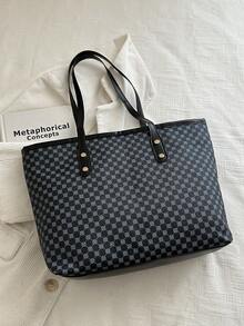 1pc Black Metal Rivet Decor Large Capacity Vintage PU Tote Bag, Women Summer Shoulder Bag - Black - View 4