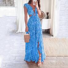 Vestido de primavera para mujer con estampado, cuello en V, volantes y abertura lateral. - Rosa - Ver 8
