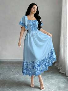 Vestido de manga corta con cuello cuadrado y estampado floral, vestido de longitud media con cintura ceñida, vestido largo con estampado floral verde para el verano - Multicolor 5 - Ver 3