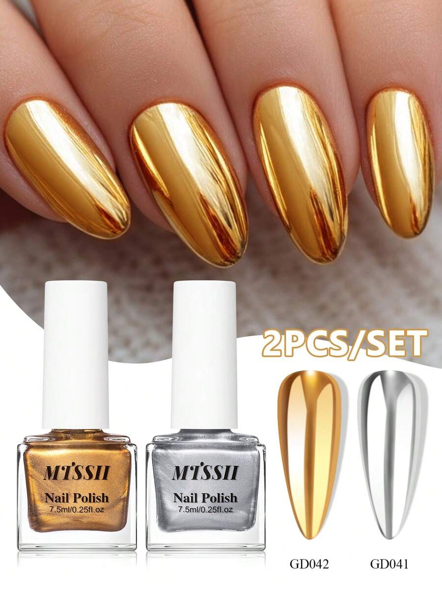 Mtssii 2PCS/Set 7.5ml Metallic Mirror Nail Polish Kit, Silver & Pink Effect Nail Art Varnish, Long Lasting Shiny Metal Finish Nail Polish, Quick Dry No UV Needed, DIY Manicure Nail Art Supplies For Women