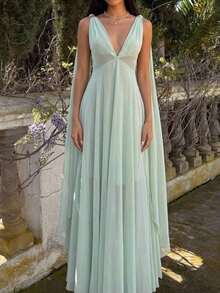 Vestido elegante y sexy de color verde menta para fiestas y vacaciones en la playa, vestido de punto de unicolor sin mangas con cintura anudada - Verde - Ver 7