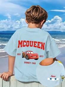 Disney Official Licensed Cars Lightning McQueen Print Boys Cotton T-Shirt, 4-12Y, Ultra Comfort & Super Soft, Relaxed Fit, Stylish Design, High-Value Look, High Repeat Rate, Daily Casual & Versatile, Ideal For School, Play & Outdoor Activities, Perfect Birthday, Holiday & Souvenir Gift, New Arrival, Express Delivery - màu xanh nhạt - Xem 1