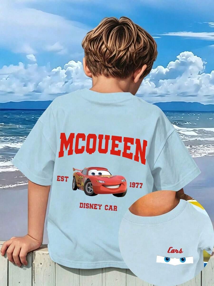 Disney Official Licensed Cars Lightning McQueen Print Boys Cotton T-Shirt, 4-12Y, Ultra Comfort & Super Soft, Relaxed Fit, Stylish Design, High-Value Look, High Repeat Rate, Daily Casual & Versatile, Ideal For School, Play & Outdoor Activities, Perfect Birthday, Holiday & Souvenir Gift, New Arrival, Express Delivery - màu xanh nhạt - Xem 1