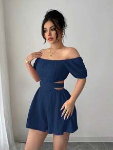 Mono informal de mujer para vacaciones con hombros descubiertos y lazo en la espalda - azul real - Ver 3