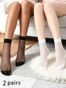2 Paar Damen Mesh Knöchelsocken, super dünne Sommersocken, modische schwarz-weiße lässig Sport Socken - Schwarz und Weiss - Übersicht 2