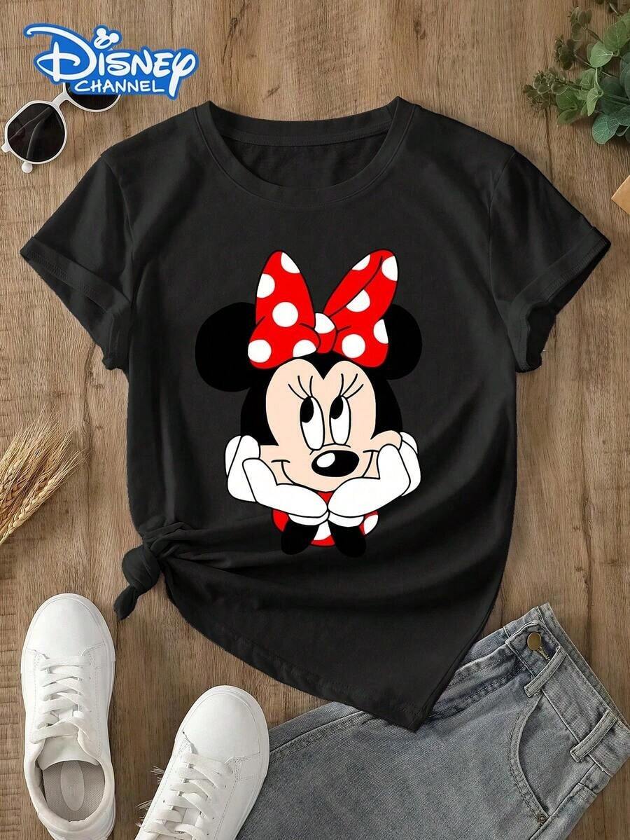 Disney Women's T-Shirt With A Creative Minnie Mouse Cartoon Print. Spring/Summer Style Women's T-Shirt With A Crew Neck. The Fabric Is Soft, Comfortable, And Breathable, Suitable For Everyday Wear, Shopping, Travel, Parties, And Lounging At Home. It Also Makes A Lovely Gift. Every Woman Deserves One. - màu đen - Xem 1
