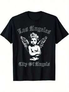 Pure Cotton T-Shirt With Vintage Style Los Angeles Angel Design For Men And Women, Urban Fashion Streetwear Inspired By The City Of Angels, Graphic Art T-Shirts - 黑色 - 查看 1