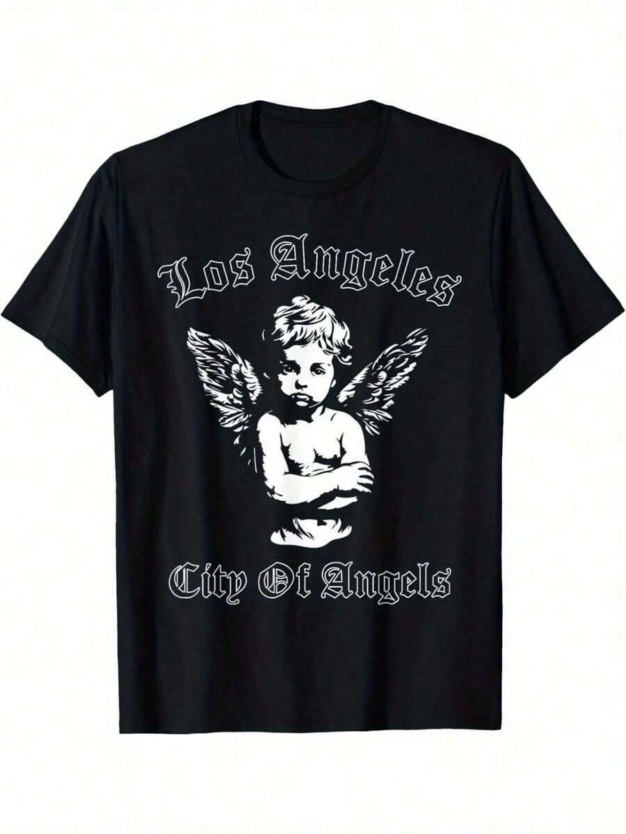 Pure Cotton T-Shirt With Vintage Style Los Angeles Angel Design For Men And Women, Urban Fashion Streetwear Inspired By The City Of Angels, Graphic Art T-Shirts - 黑色 - 查看 1