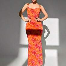 . .  Vestido de verano elegante con estampado floral y espalda descubierta para mujer - Naranja - Ver 3