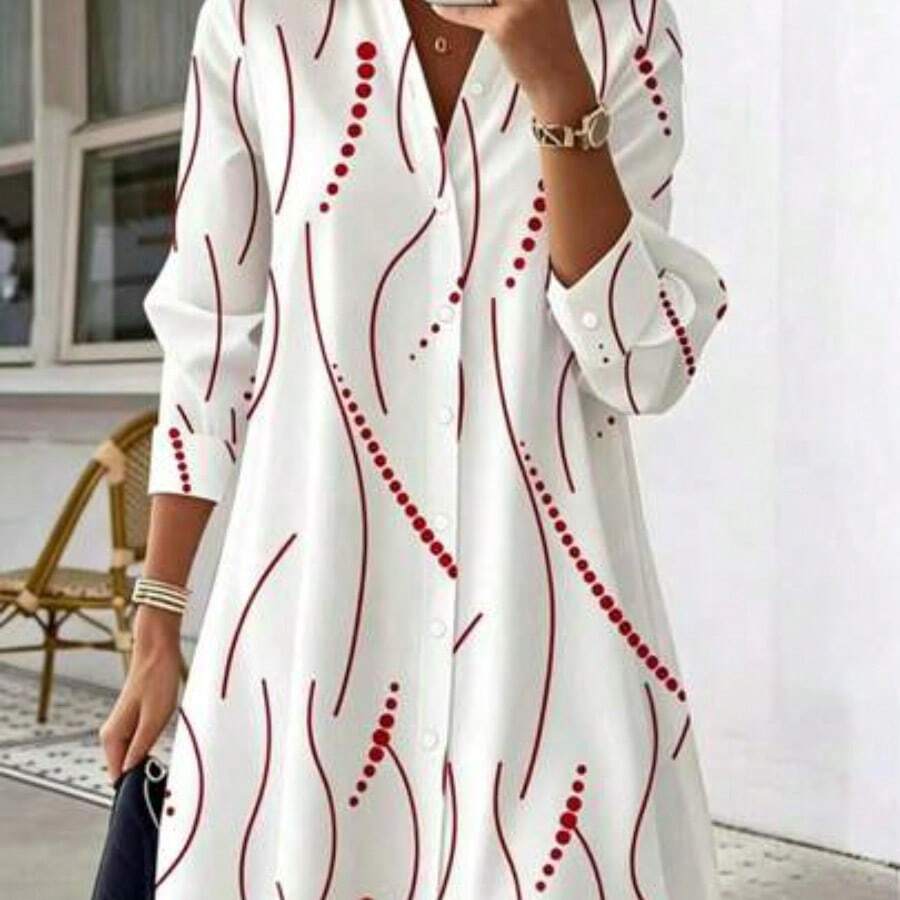 Vestido camisa elegante para mujer, adecuado para ocasiones de oficina a fiesta, uso en todas las estaciones, blanco, vacaciones, primavera - Rojo - Ver 1