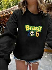 Women's Casual Crew Neck Sweatshirt With Brazil 2026 Football Print, Versatile Long-Sleeved Crew Neck Top, Machine Washable, Suitable For All Seasons, Women's Clothing, Cheapest, World Cup And Elections - 黑色 - 查看 4