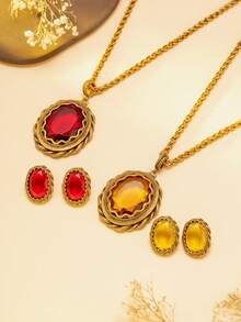 Conjunto de collar con colgante ovalado y aretes de cadena trenzada estilo palacio retro, lujoso y versátil - Multicolor - Ver 1