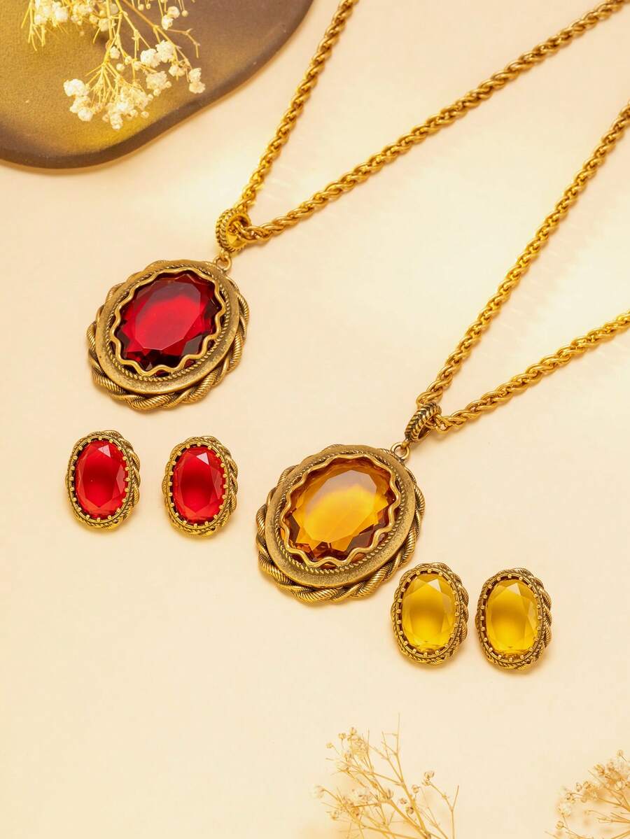 Conjunto de collar con colgante ovalado y aretes de cadena trenzada estilo palacio retro, lujoso y versátil - Multicolor - Ver 1